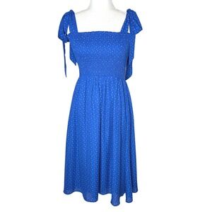 Lulus Royal‎ Blue Polka Dot Smocked Square Neck Tie Shoulder Midi Dress Womens M